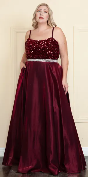 Lindas W1018 Floor Length Rhinestone Belt Detail Sequin Top Dress with Pockets