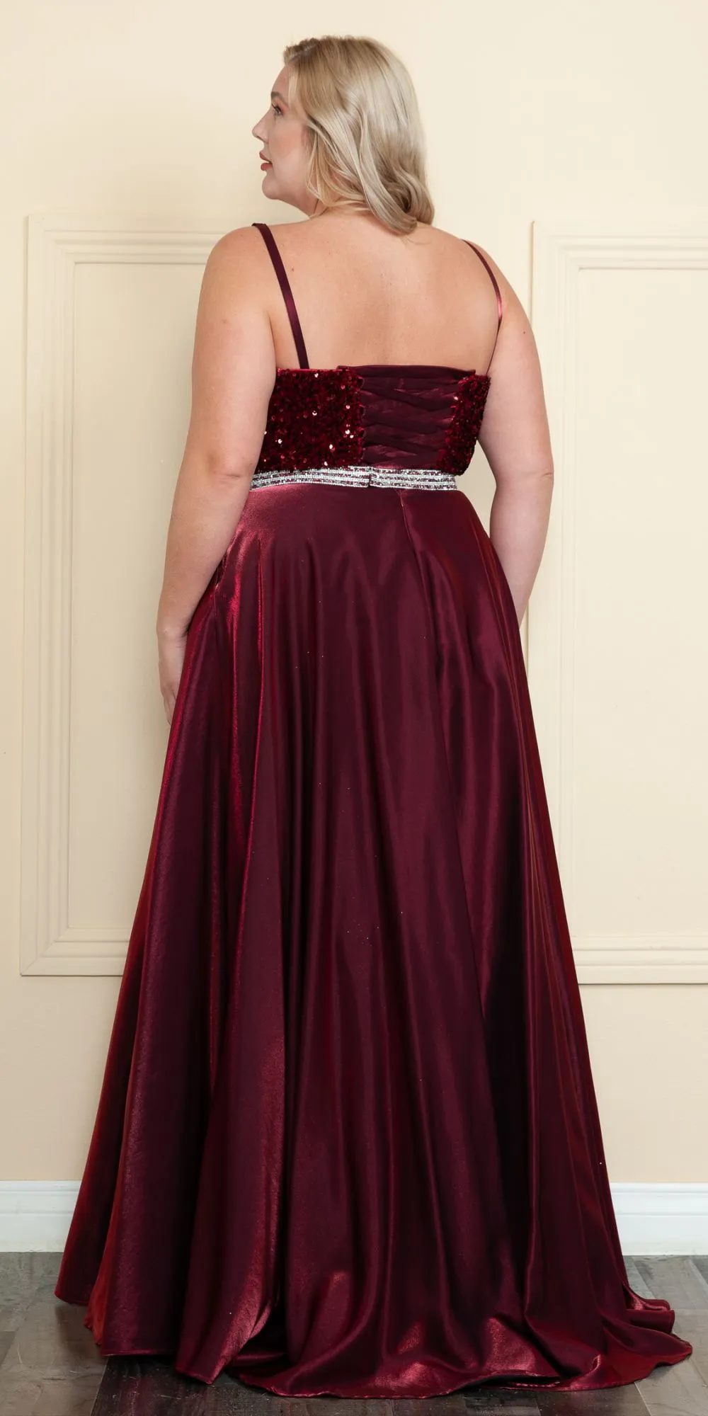 Lindas W1018 Floor Length Rhinestone Belt Detail Sequin Top Dress with Pockets
