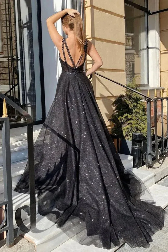 Long Black Tulle Prom Dresses Open Back V Neck Evening Dresses