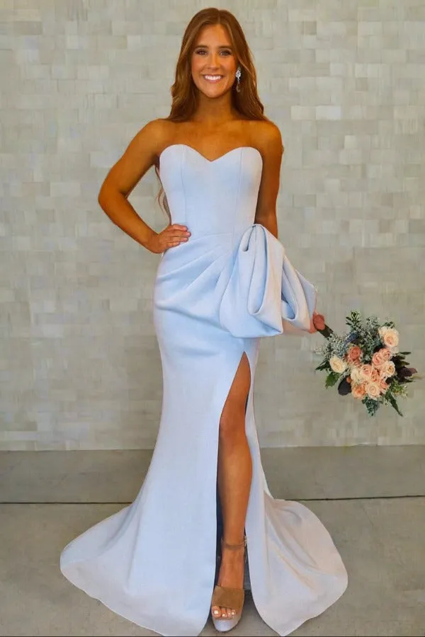 Long Ice Blue Formal Dress Satin Sweetheart Mermaid with Bow
