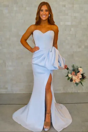 Long Ice Blue Formal Dress Satin Sweetheart Mermaid with Bow