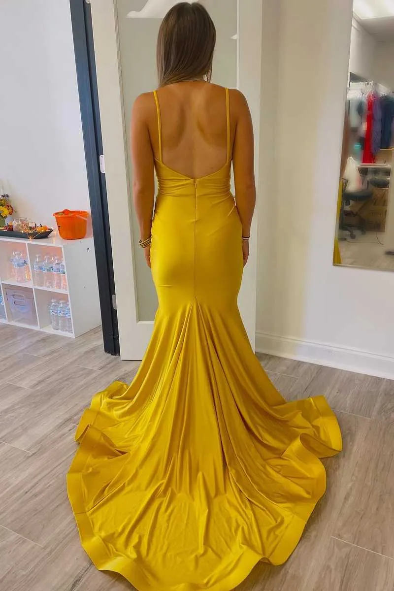 Long Mustard Yellow Prom Dresses Straps Mermaid Pleated