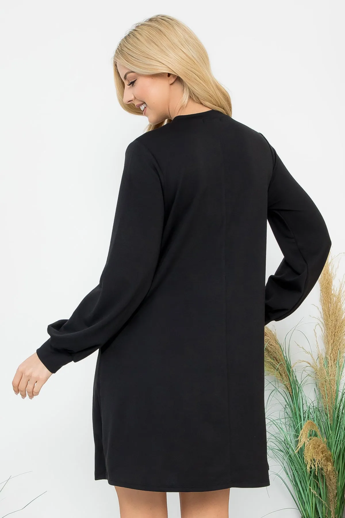 Long Puff Sleeve French Terry Dress with Pockets