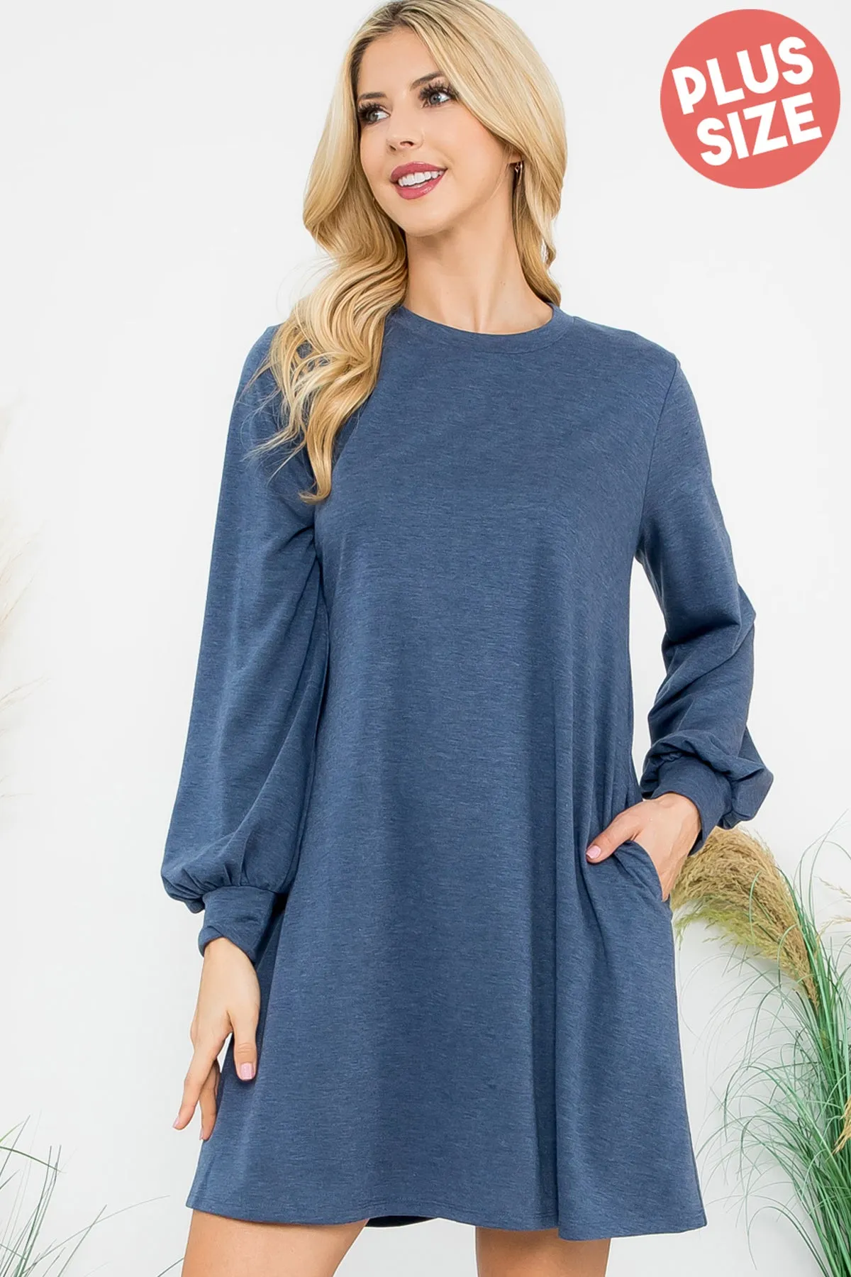Long Puff Sleeve French Terry Dress with Pockets