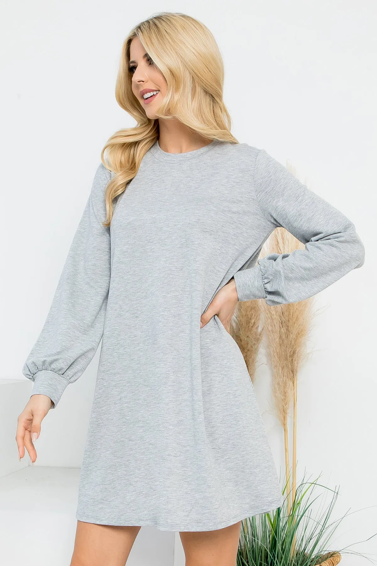 Long Puff Sleeve French Terry Dress with Pockets