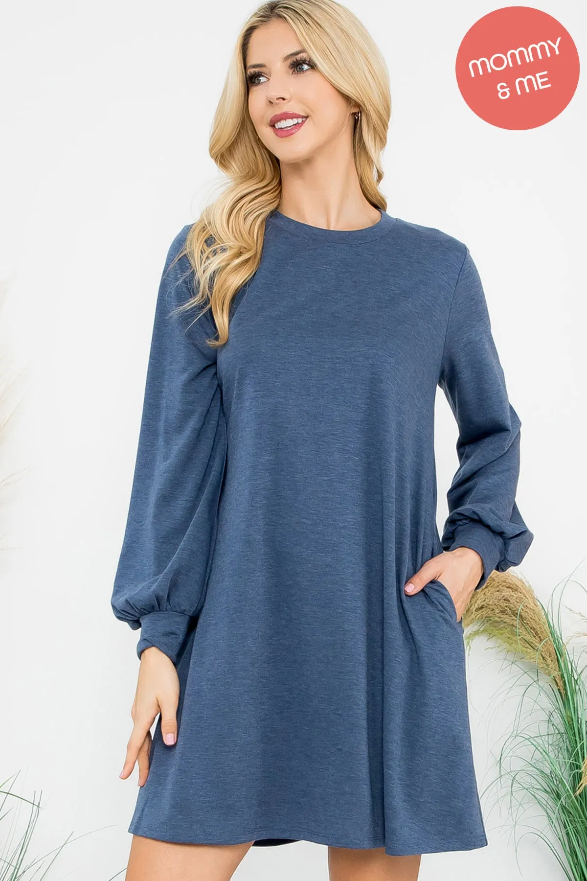 Long Puff Sleeve French Terry Dress with Pockets