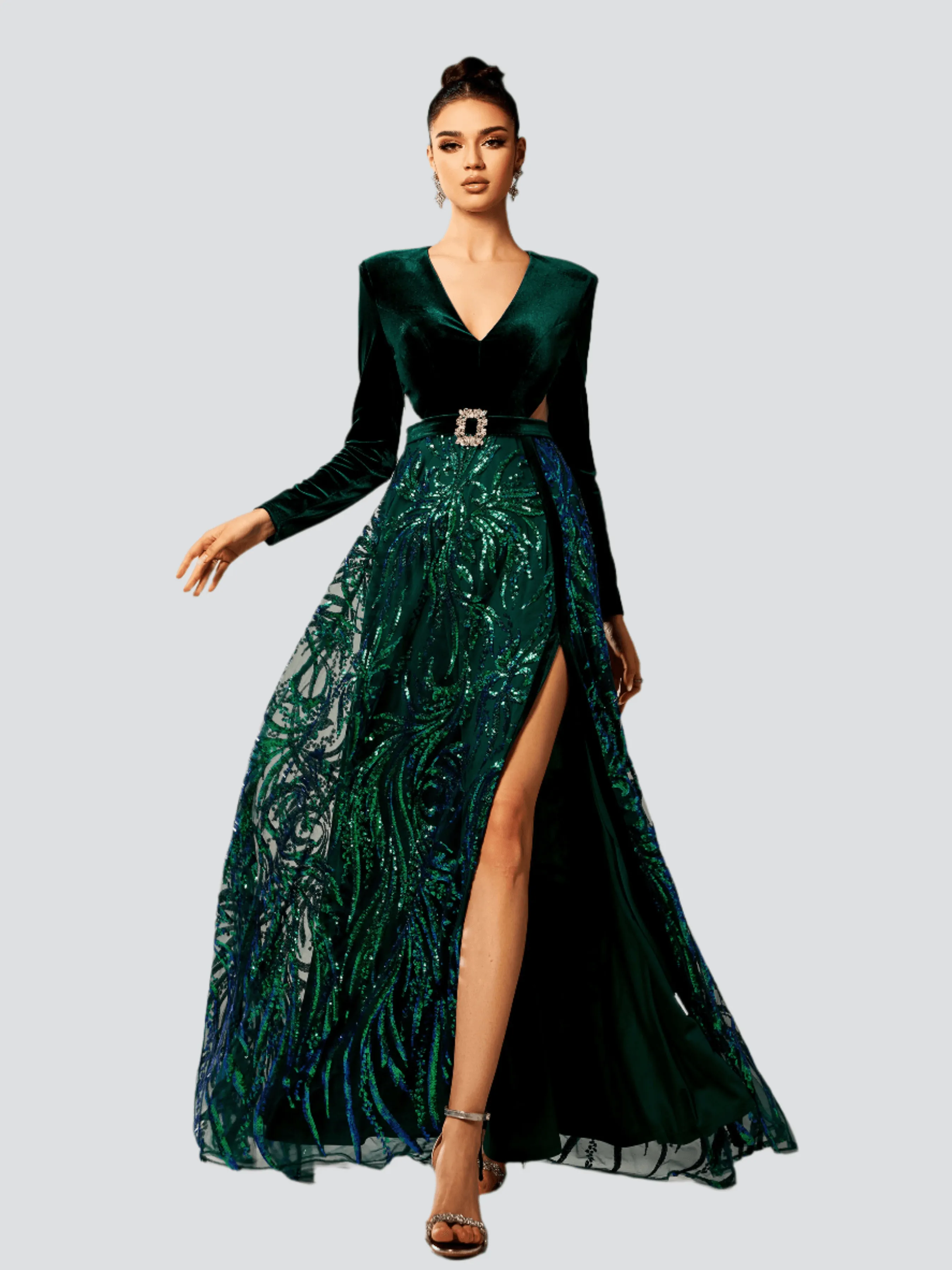 Long Sleeve Cutout Sequin A-line Formal Dress GZ60042