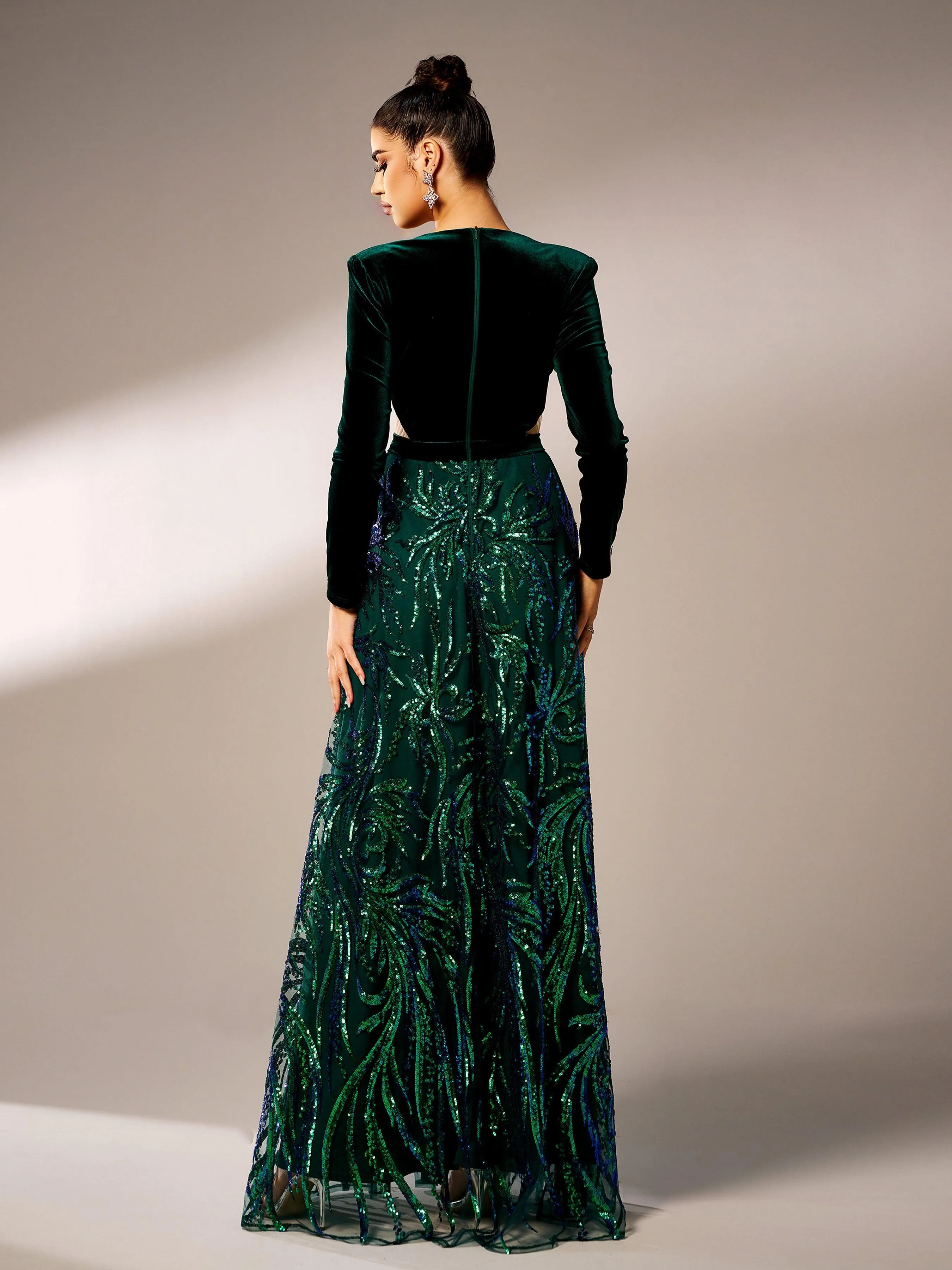 Long Sleeve Cutout Sequin A-line Formal Dress GZ60042