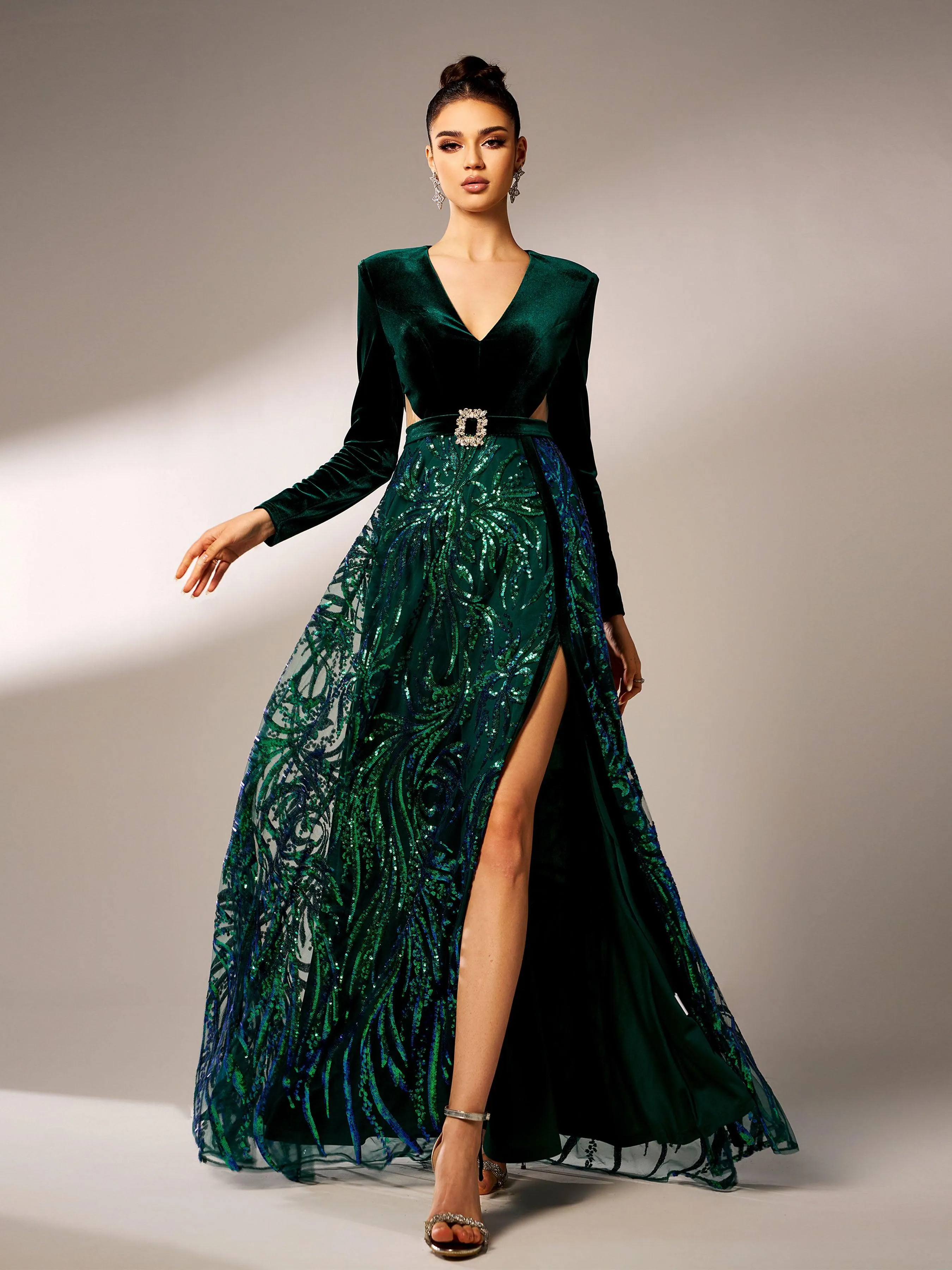 Long Sleeve Cutout Sequin A-line Formal Dress GZ60042