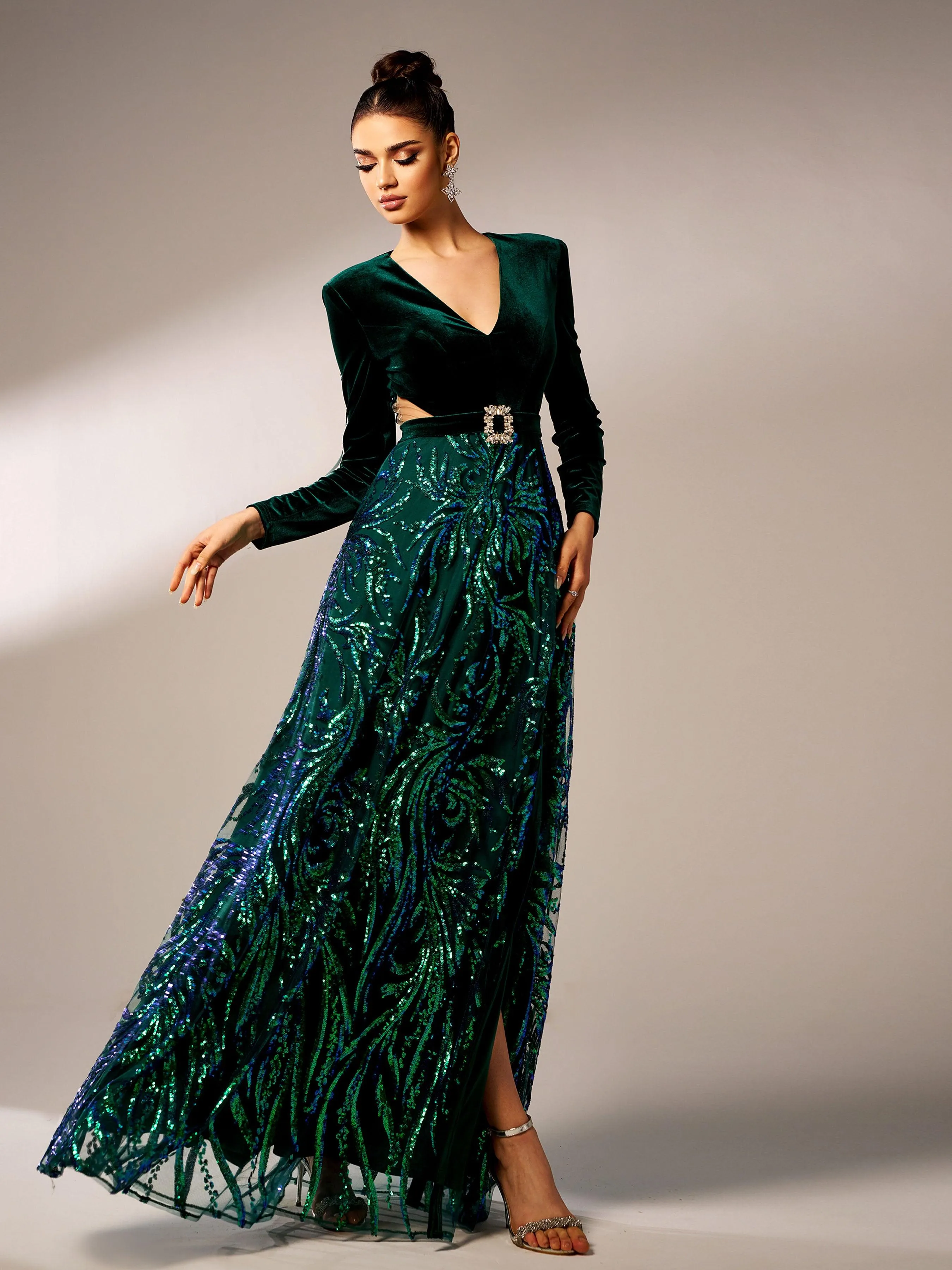 Long Sleeve Cutout Sequin A-line Formal Dress GZ60042