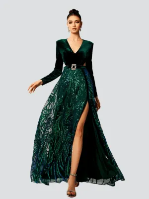 Long Sleeve Cutout Sequin A-line Formal Dress GZ60042