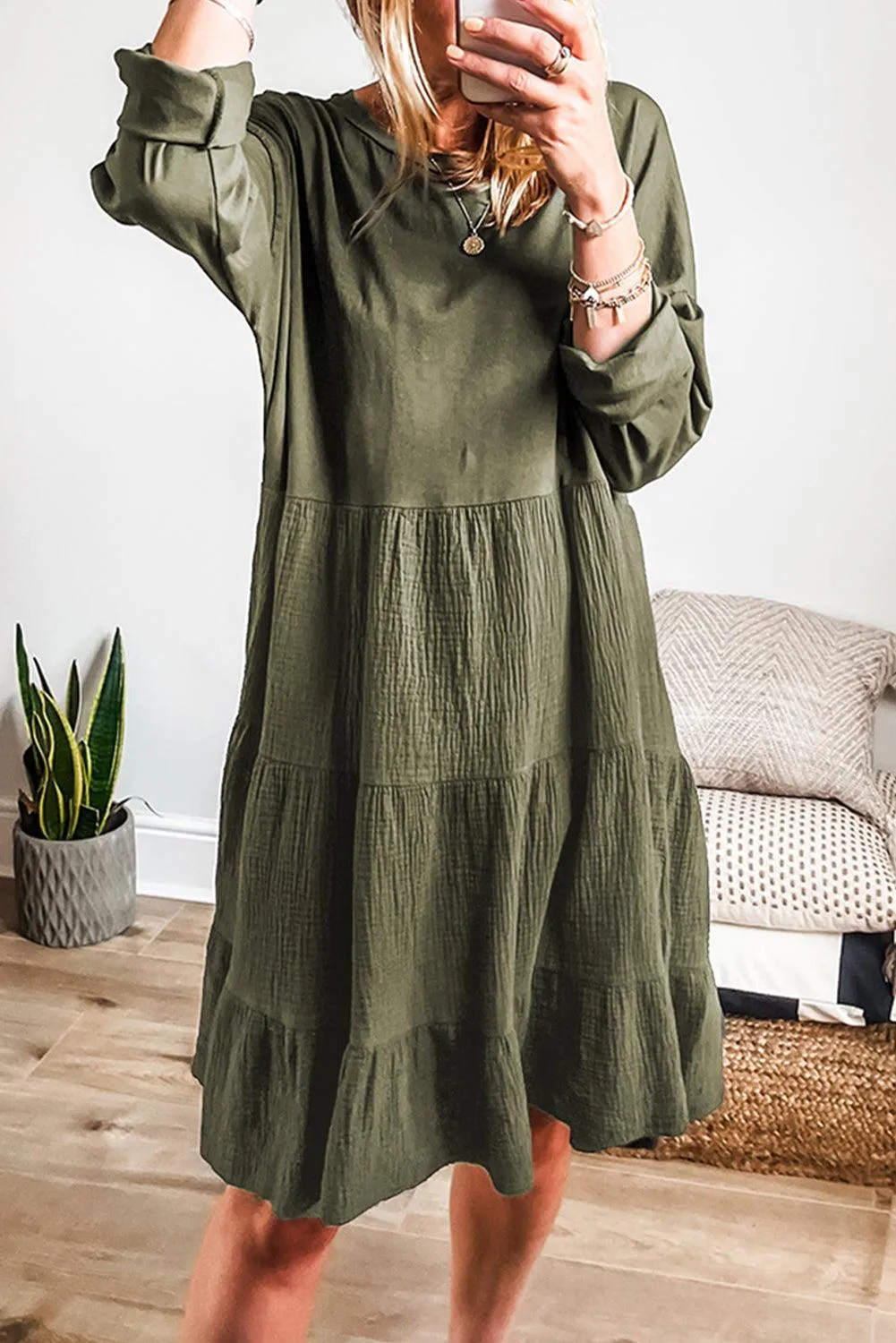 Long Sleeve Tiered Crinkled Patchwork Mini Dress