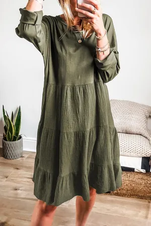 Long Sleeve Tiered Crinkled Patchwork Mini Dress