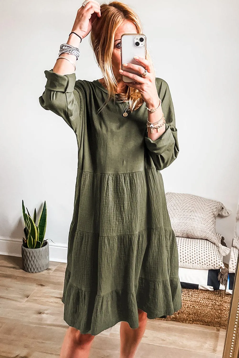 Long Sleeve Tiered Crinkled Patchwork Mini Dress