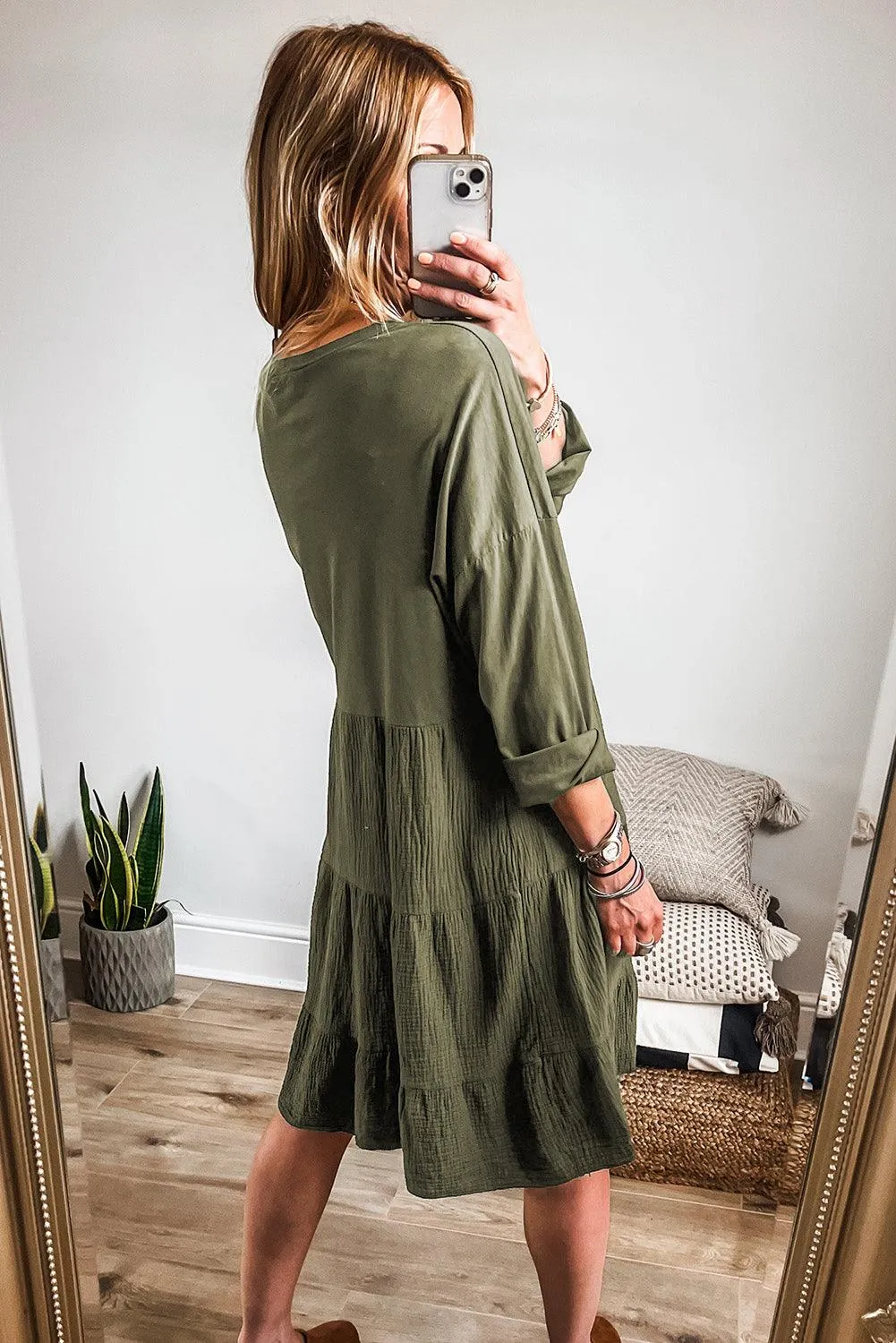 Long Sleeve Tiered Crinkled Patchwork Mini Dress
