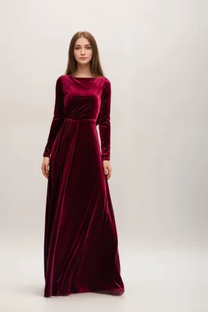 Long sleeves A-line Velvet Dress with boat neck lace illusion back