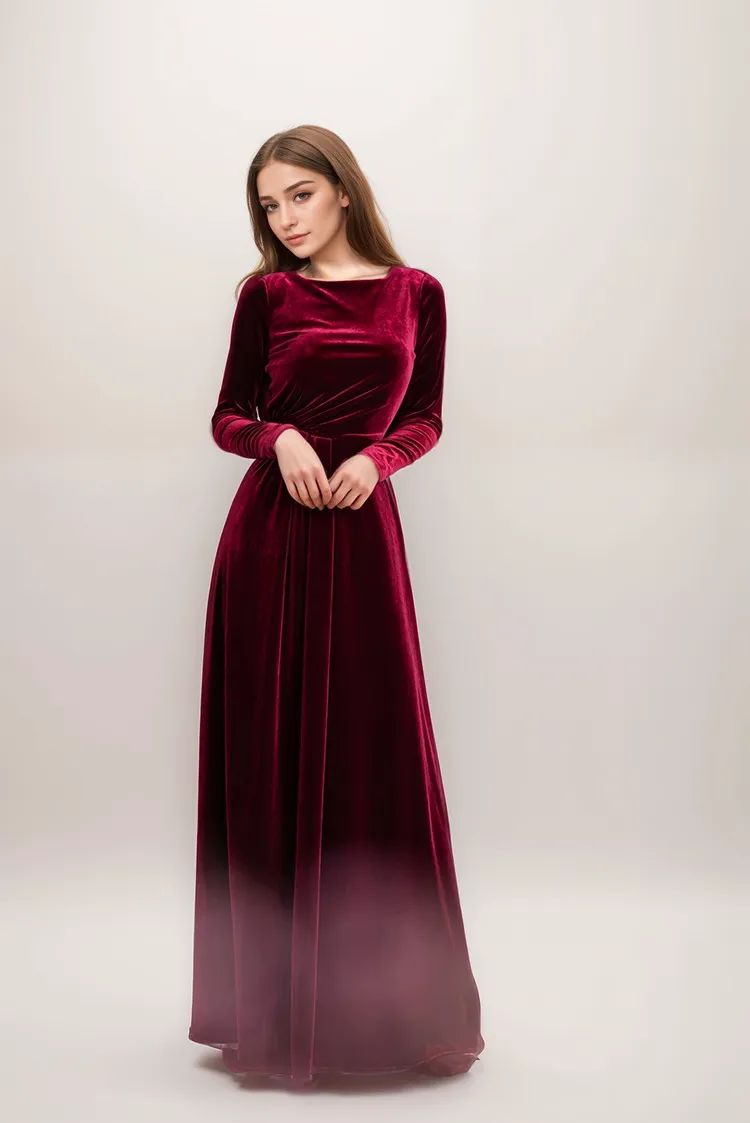 Long sleeves A-line Velvet Dress with boat neck lace illusion back
