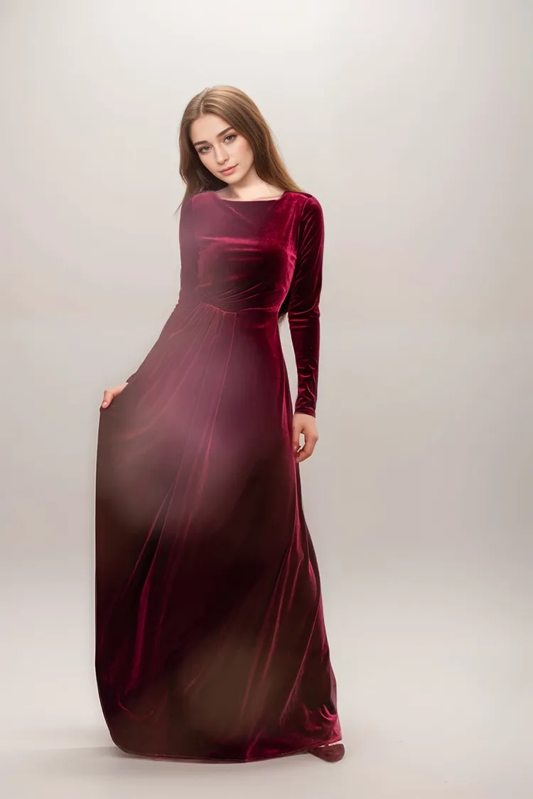 Long sleeves A-line Velvet Dress with boat neck lace illusion back
