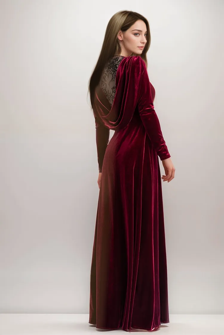 Long sleeves A-line Velvet Dress with boat neck lace illusion back