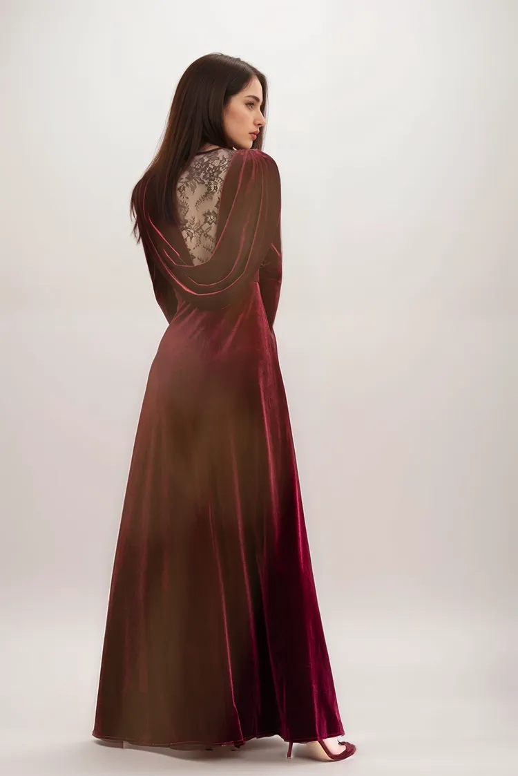 Long sleeves A-line Velvet Dress with boat neck lace illusion back