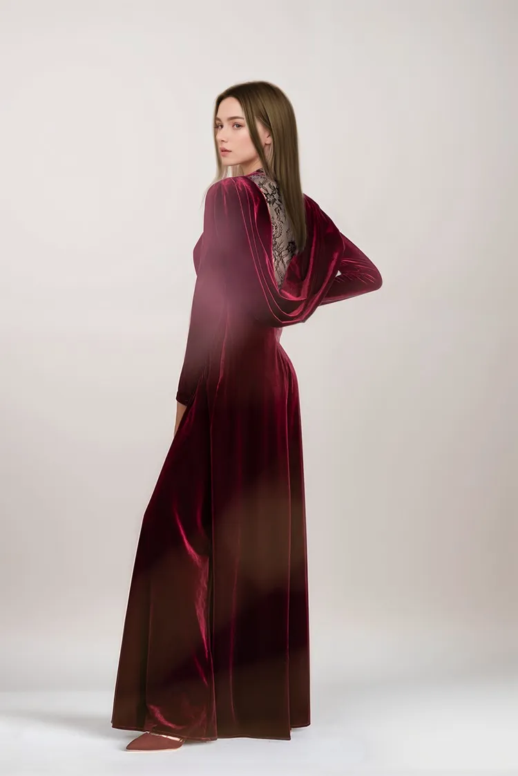 Long sleeves A-line Velvet Dress with boat neck lace illusion back