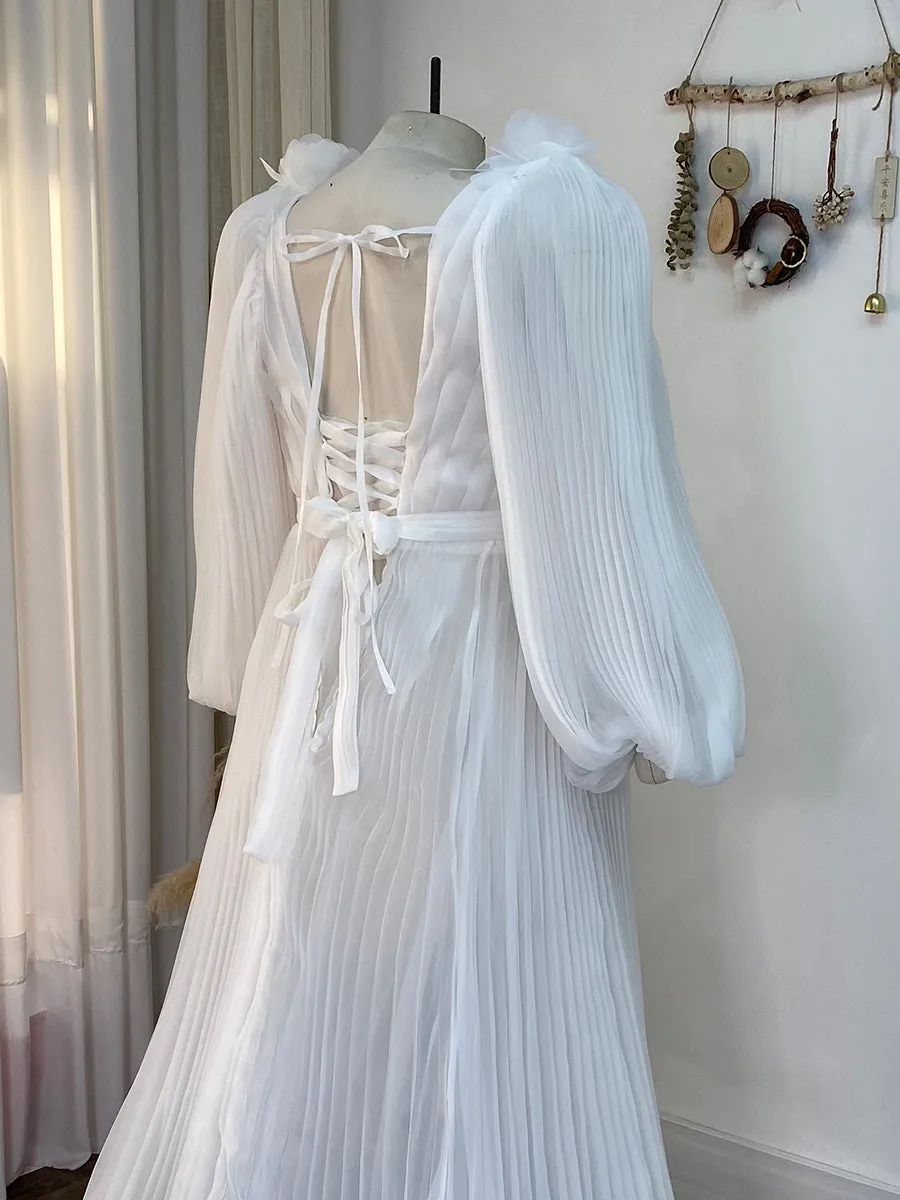 Long Sleeves V Neck Wedding Bridesmaid Dress Soft Organza Pleated Dress YW243114