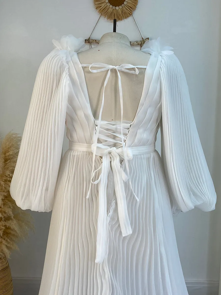 Long Sleeves V Neck Wedding Bridesmaid Dress Soft Organza Pleated Dress YW243114