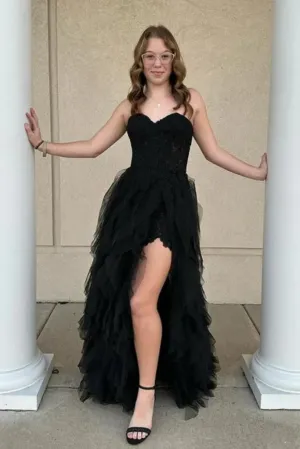 Long Strapless Black Lace Tiered Corset Evening Dress UK