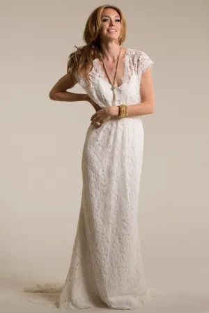 Long V-Neck Cap-Sleeve Lace Wedding Dress With Sweep Train And Keyhole-MK_702323