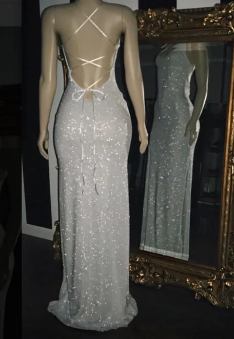 Long White Sequin Prom Dresses 2025 Cross Back Halter Evening Gown