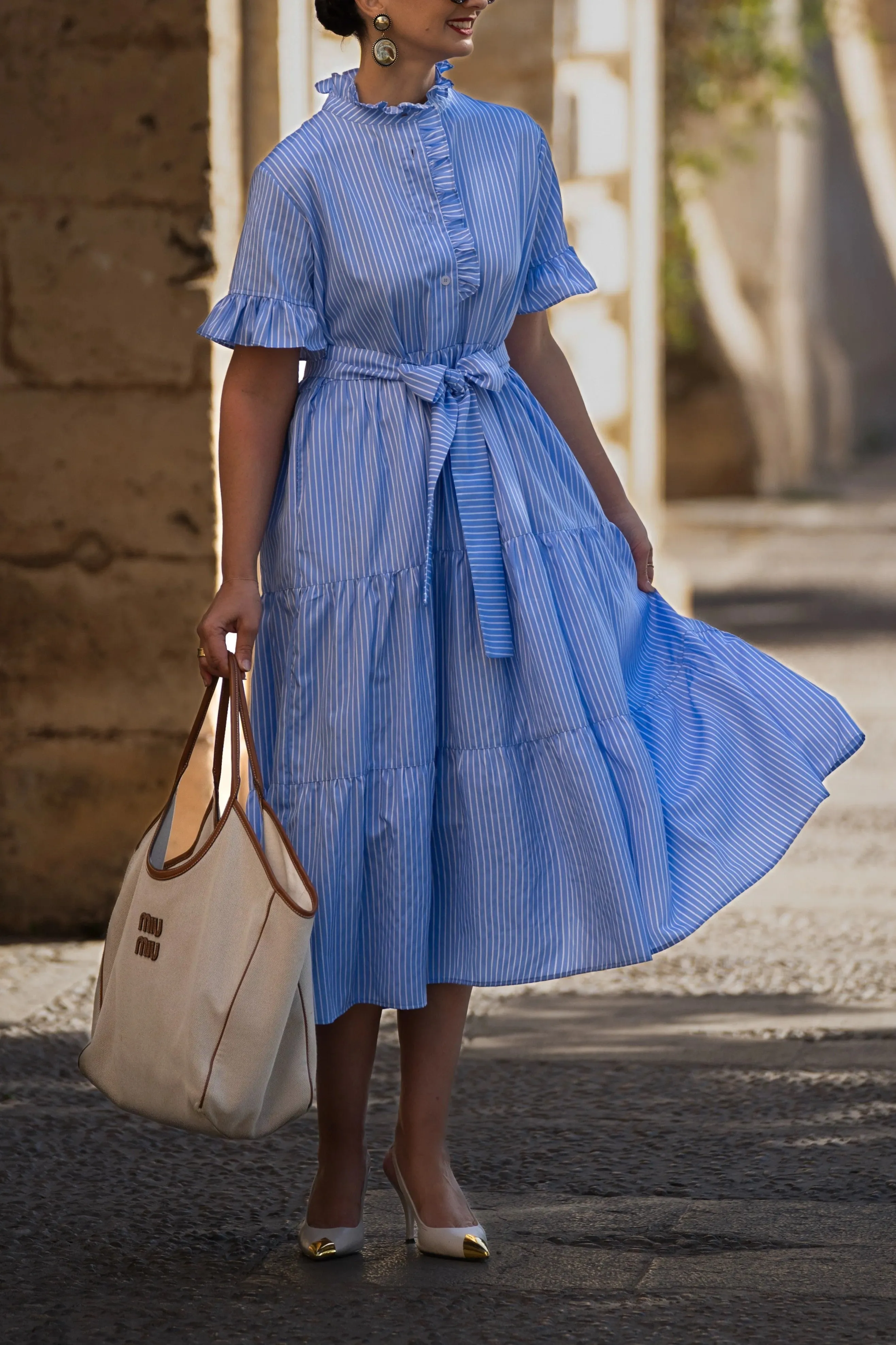Luxe striped button down belted maxi dress