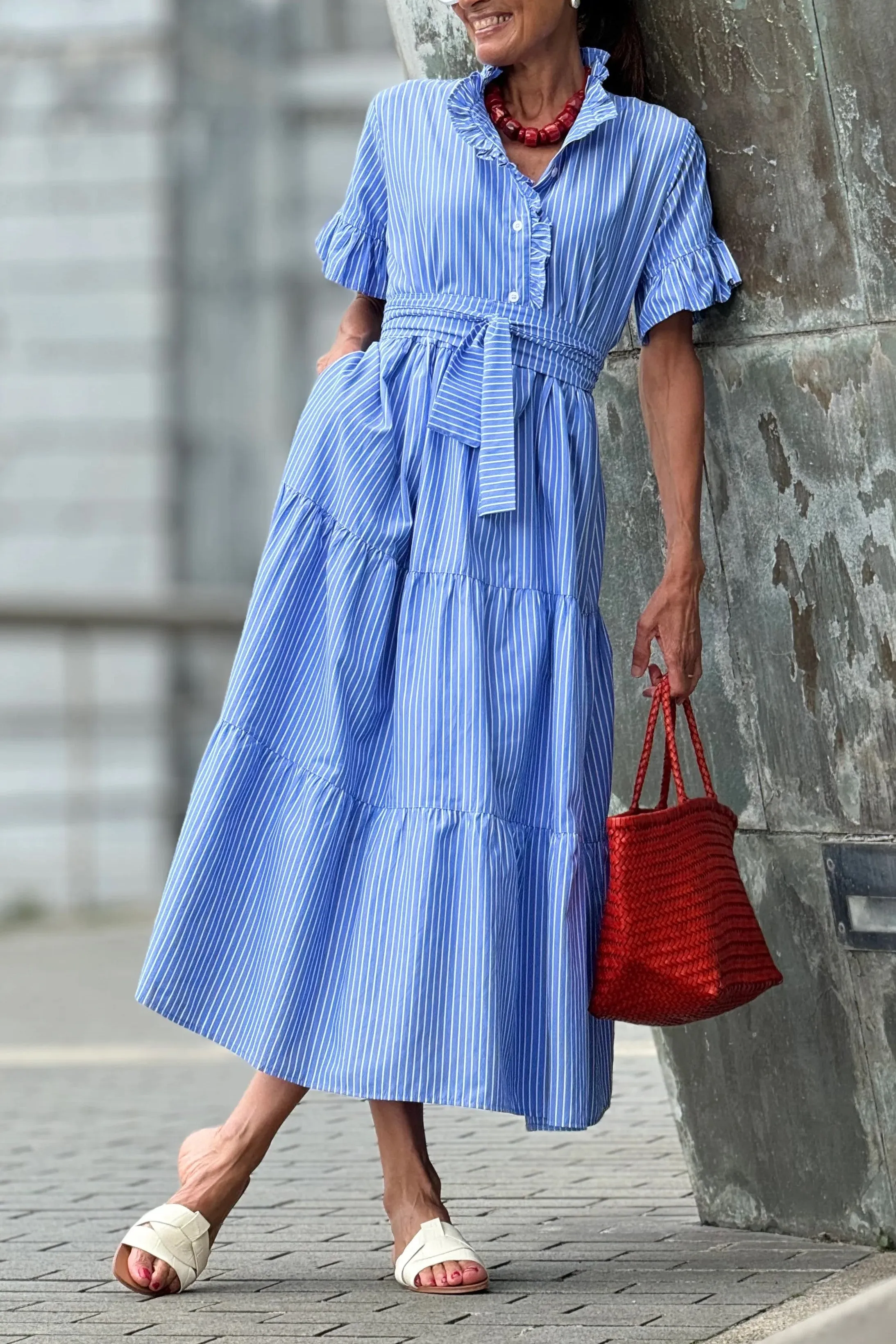 Luxe striped button down belted maxi dress
