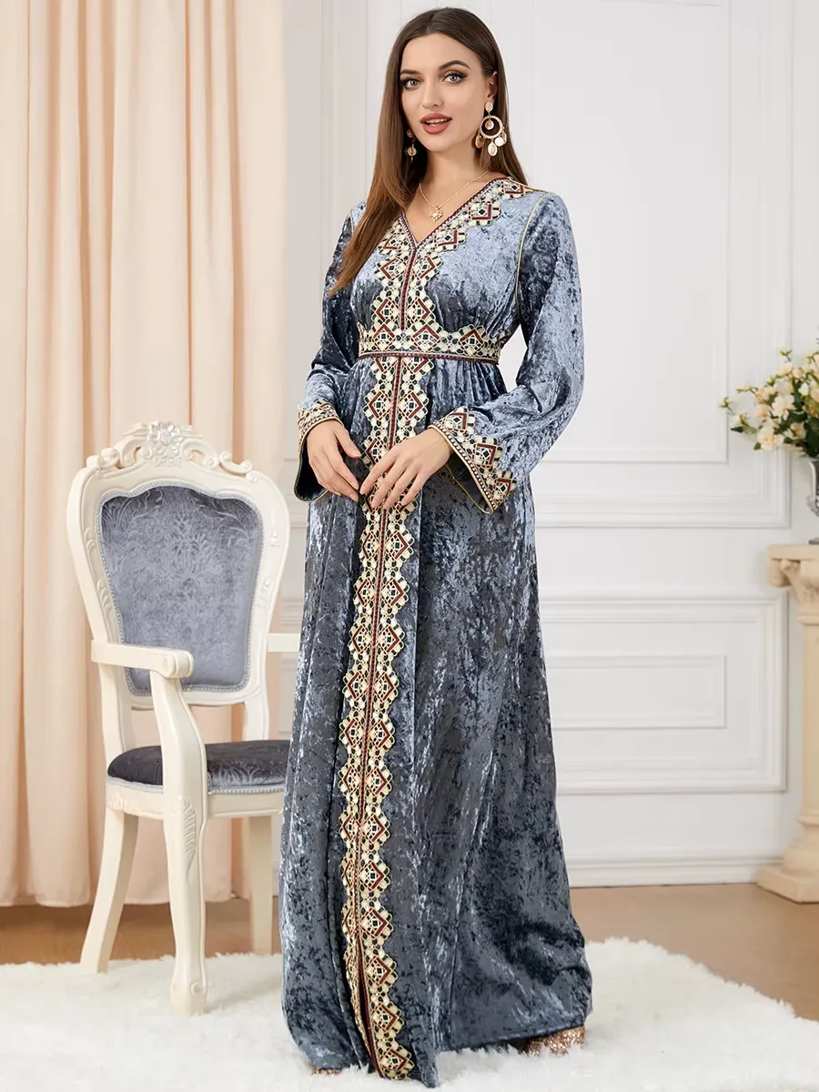 Luxury Gray Velvet Floral Weaving Moroccan Kaftan