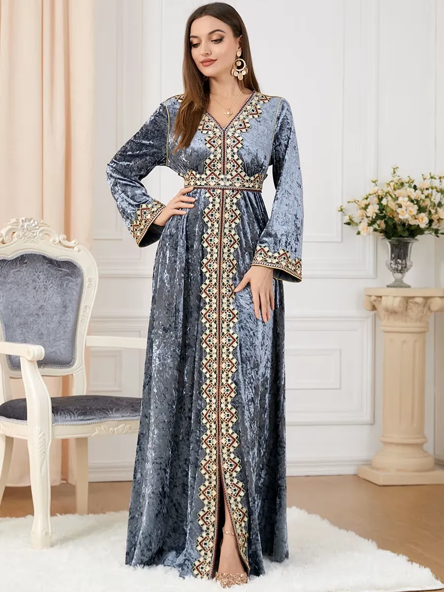 Luxury Gray Velvet Floral Weaving Moroccan Kaftan