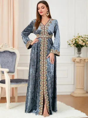 Luxury Gray Velvet Floral Weaving Moroccan Kaftan