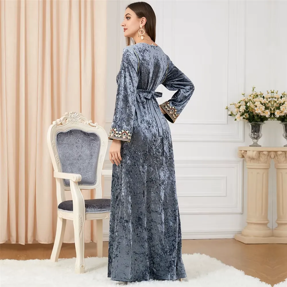 Luxury Gray Velvet Floral Weaving Moroccan Kaftan