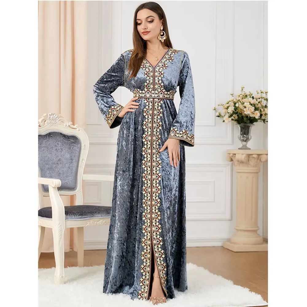 Luxury Gray Velvet Floral Weaving Moroccan Kaftan