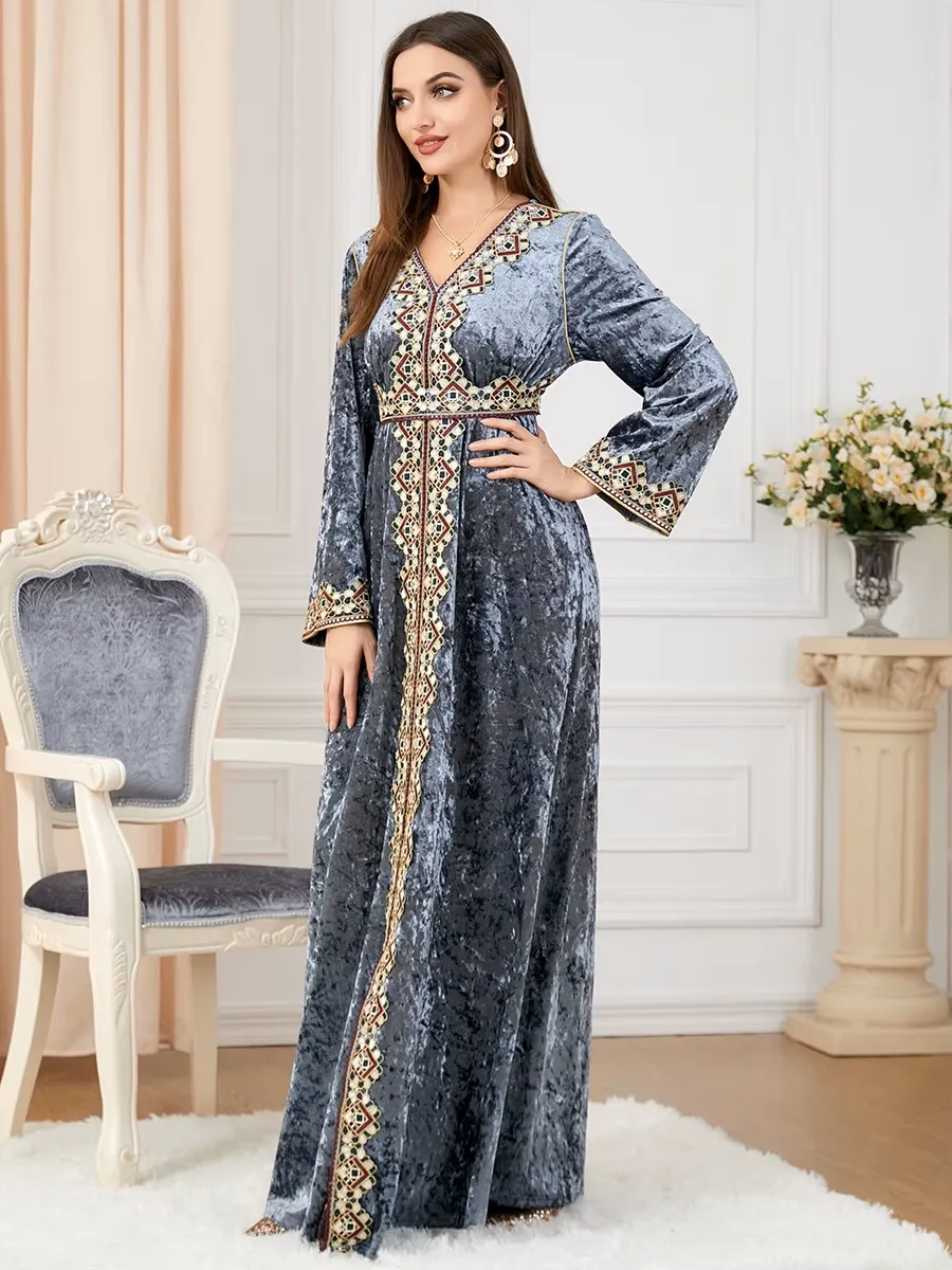 Luxury Gray Velvet Floral Weaving Moroccan Kaftan