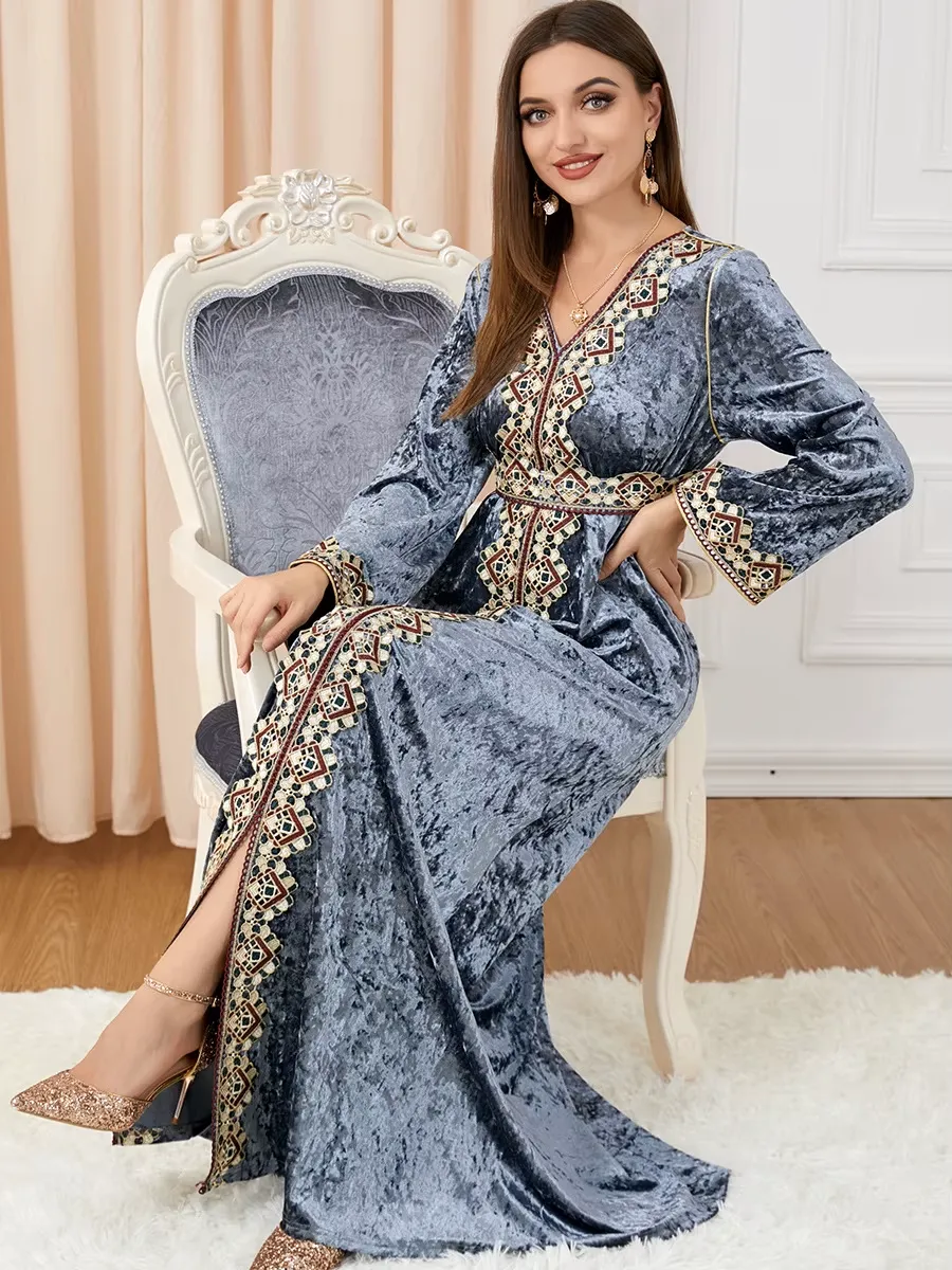 Luxury Gray Velvet Floral Weaving Moroccan Kaftan