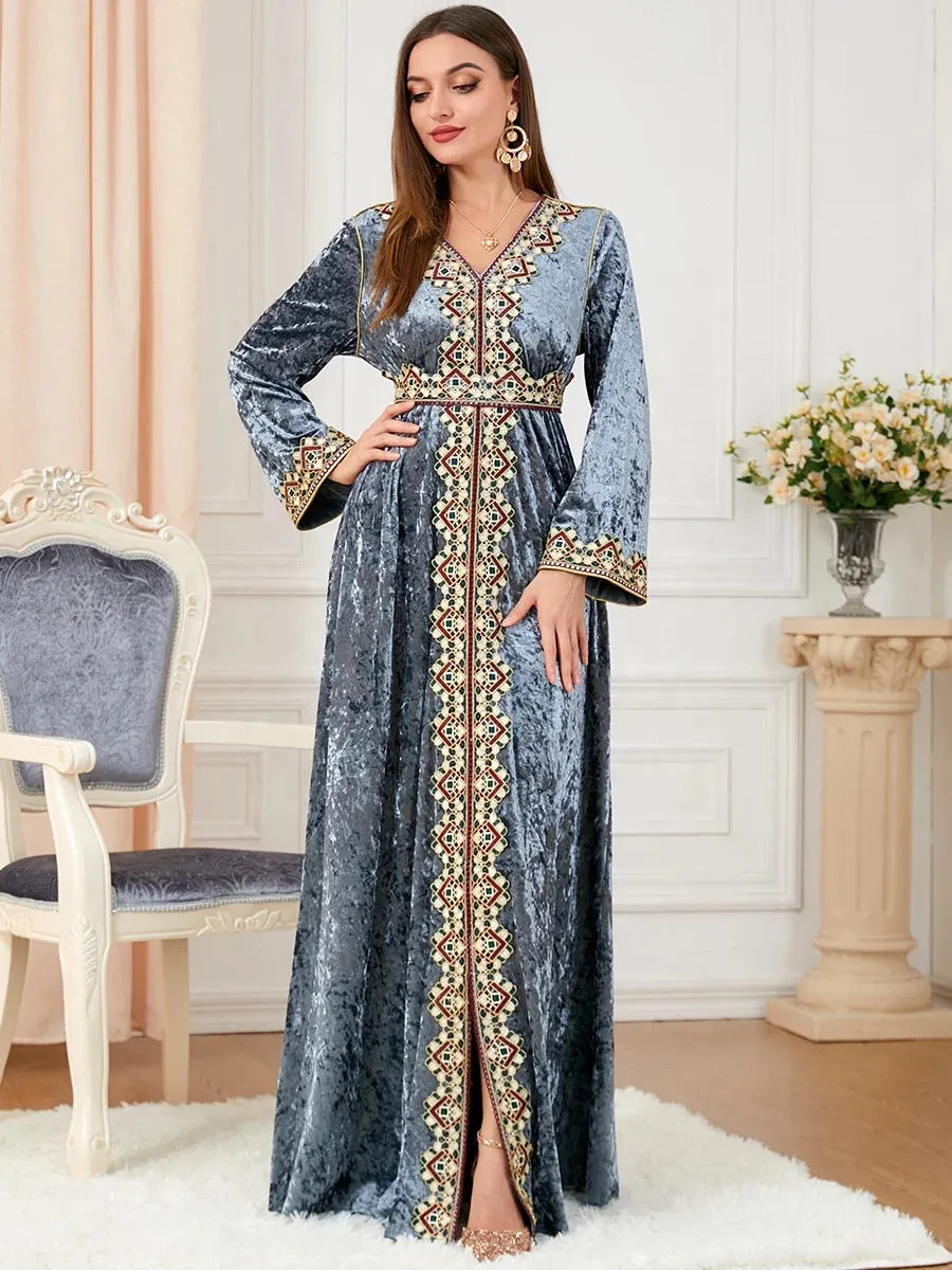 Luxury Gray Velvet Floral Weaving Moroccan Kaftan
