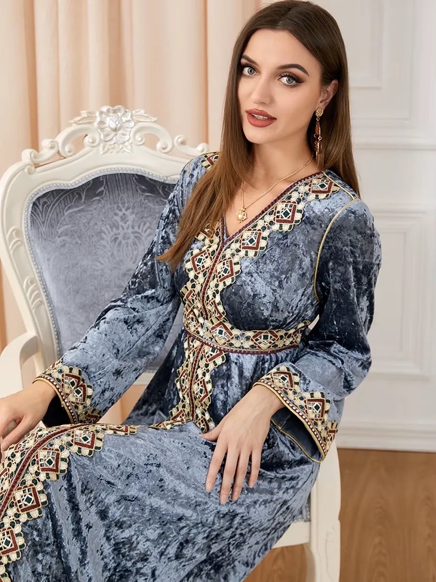 Luxury Gray Velvet Floral Weaving Moroccan Kaftan
