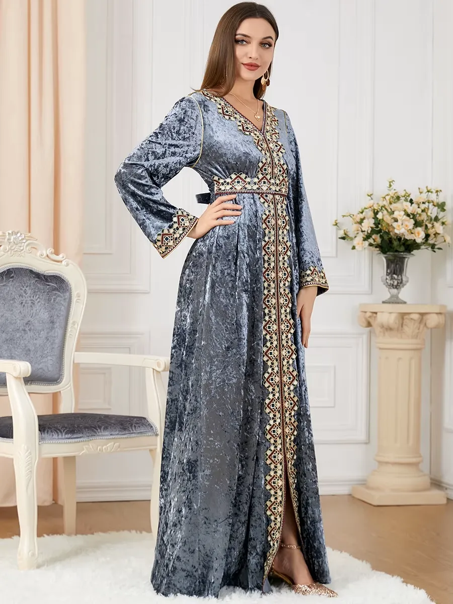 Luxury Gray Velvet Floral Weaving Moroccan Kaftan