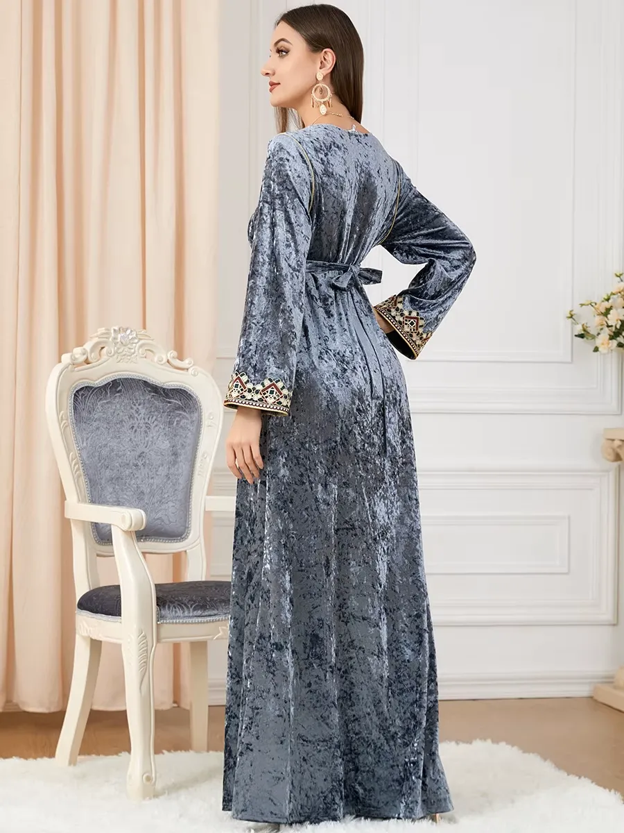 Luxury Gray Velvet Floral Weaving Moroccan Kaftan