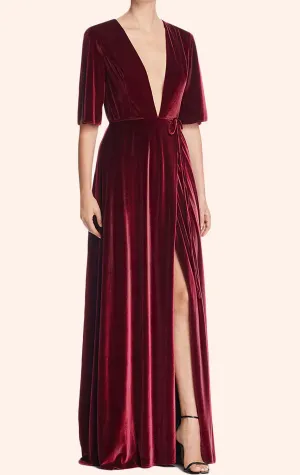 MACloth Deep V Neck Velvet Evening Gown Burgundy Formal Party Dress