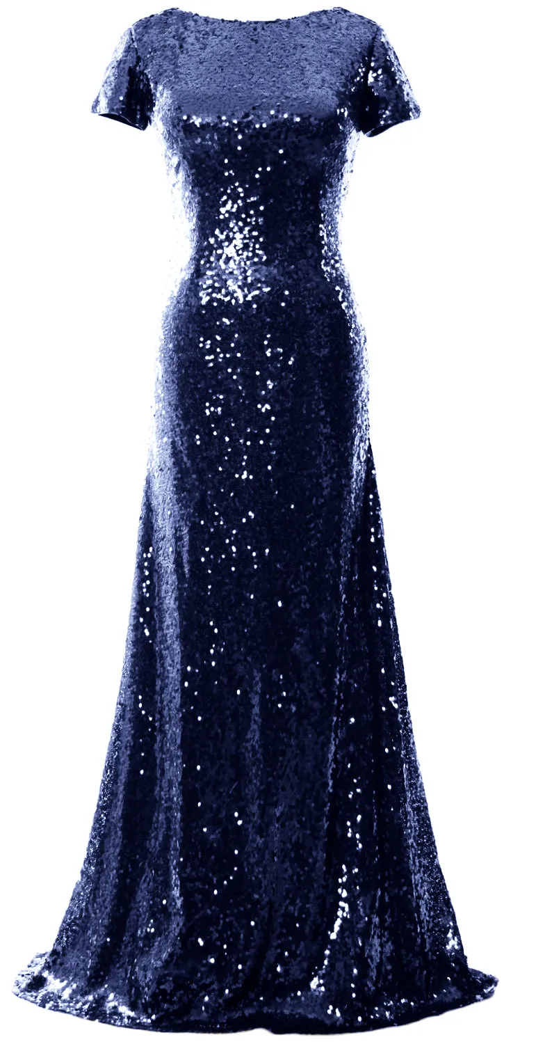 MACloth Mermaid Cap Sleeve Sequin Long Bridesmaid Dress Formal Evening Gown