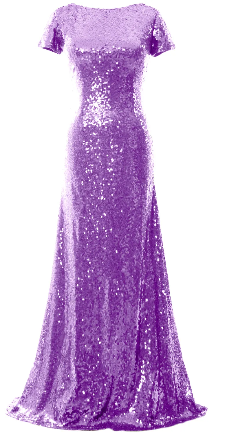 MACloth Mermaid Cap Sleeve Sequin Long Bridesmaid Dress Formal Evening Gown