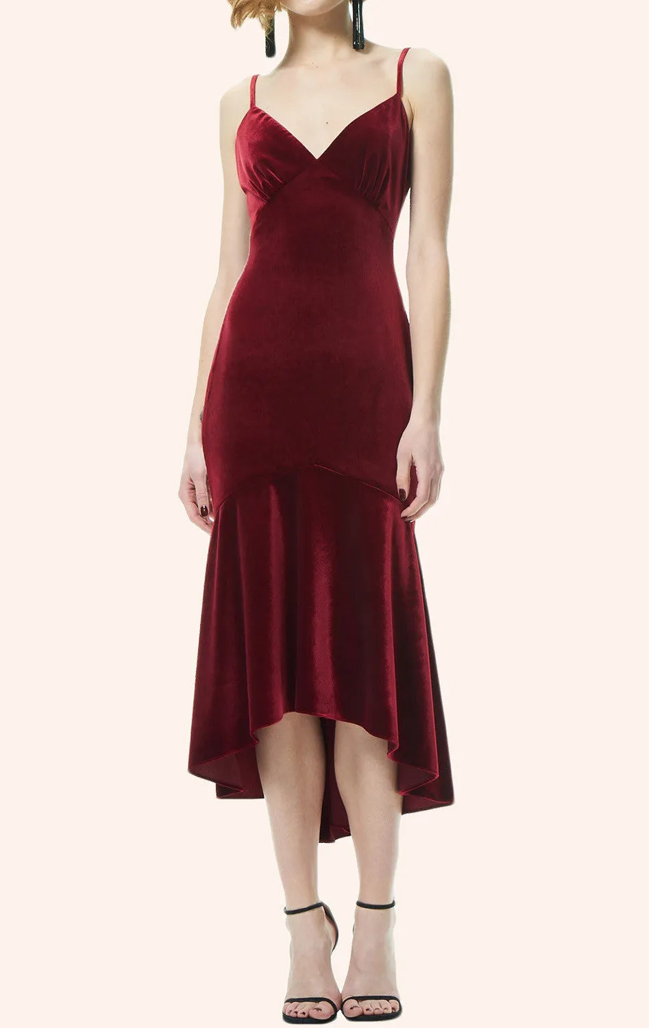 MACloth Spaghetti Straps High Low Velvet Cocktail Dress Burgundy Formal Gown