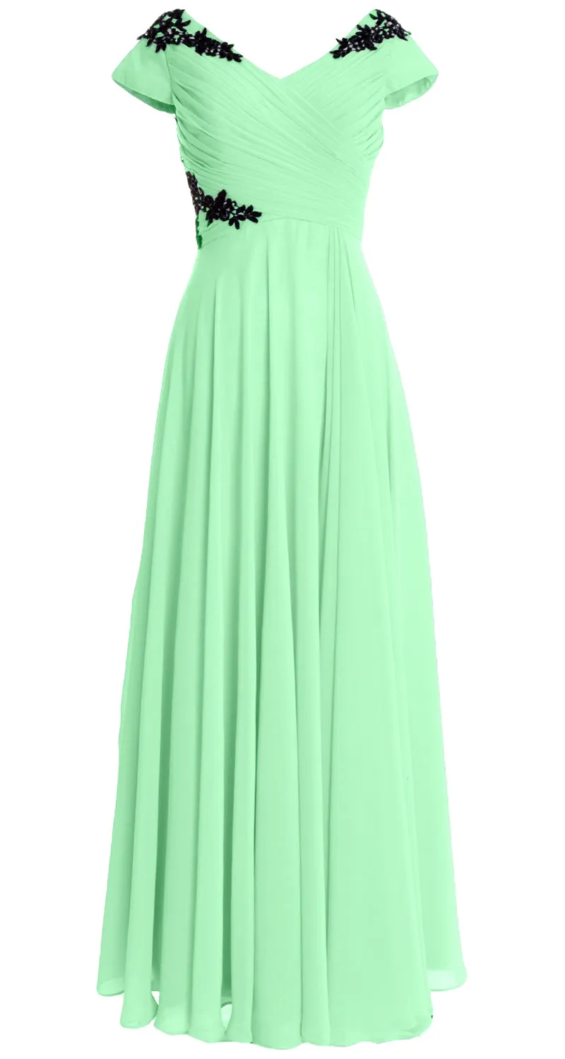 MACloth Women Mother of the Bride Dresses Cap Sleeves V Neck Formal Evening Gown