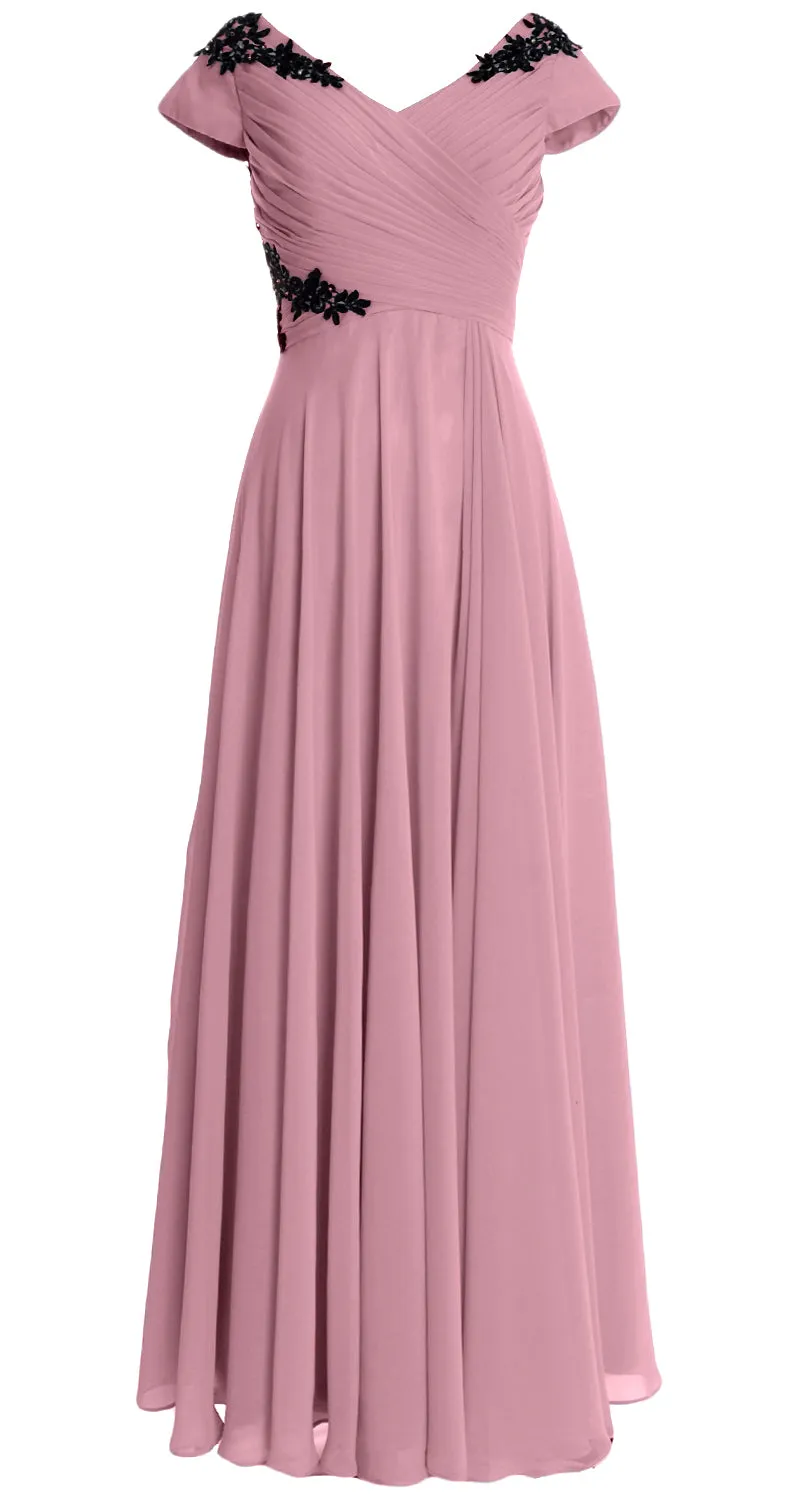 MACloth Women Mother of the Bride Dresses Cap Sleeves V Neck Formal Evening Gown