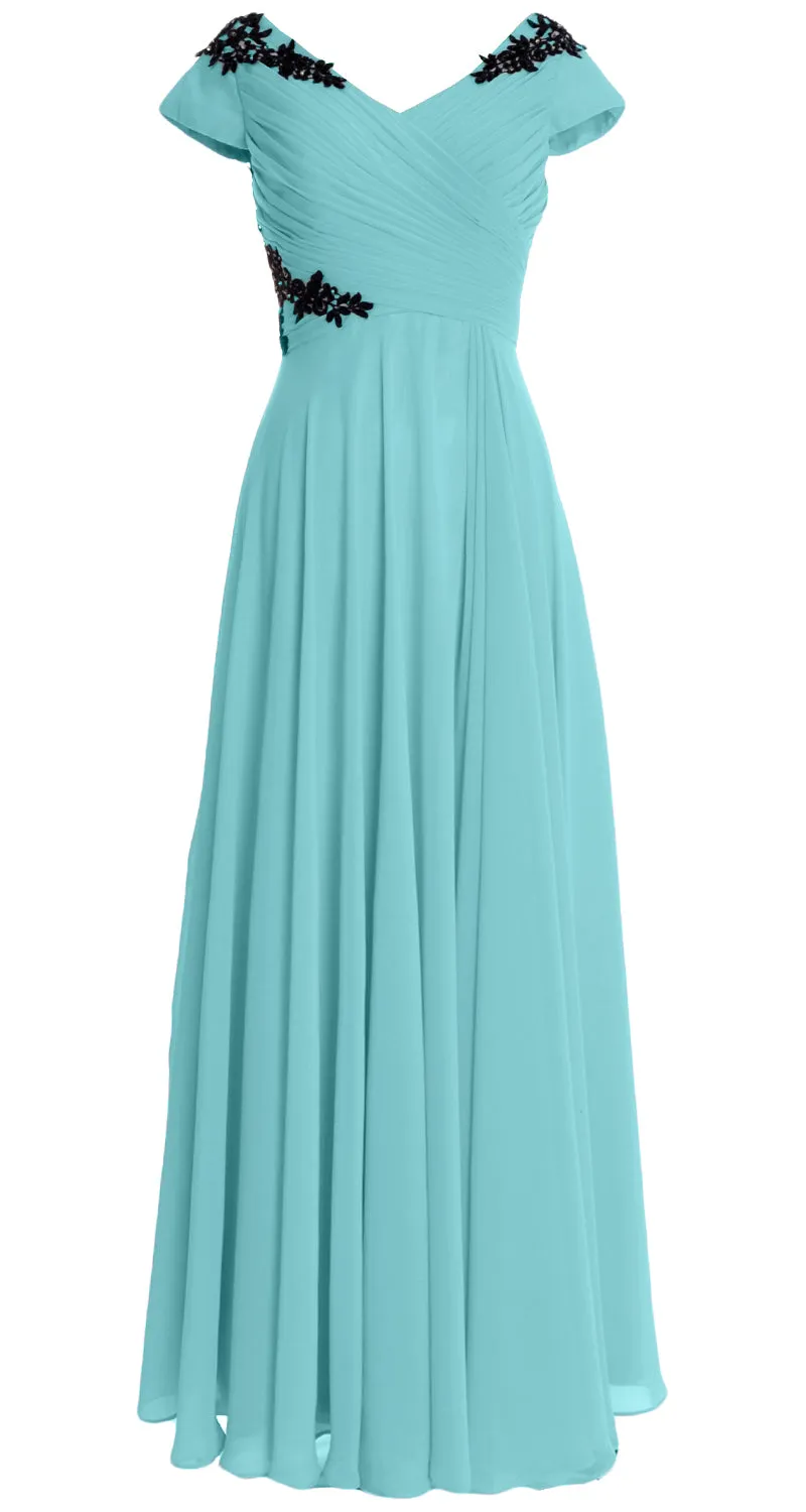 MACloth Women Mother of the Bride Dresses Cap Sleeves V Neck Formal Evening Gown